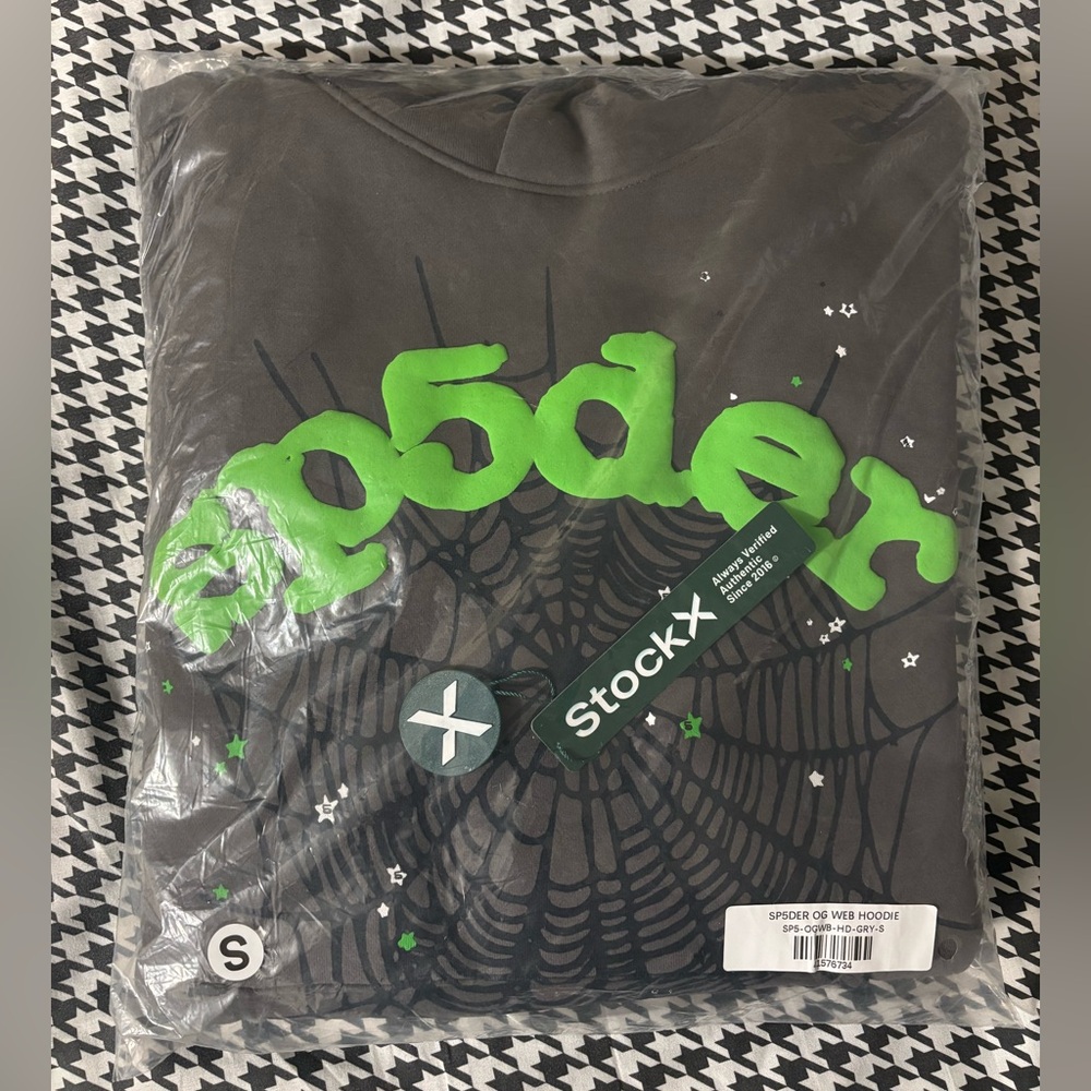 Sp5der Gray and Green Web Hoodie